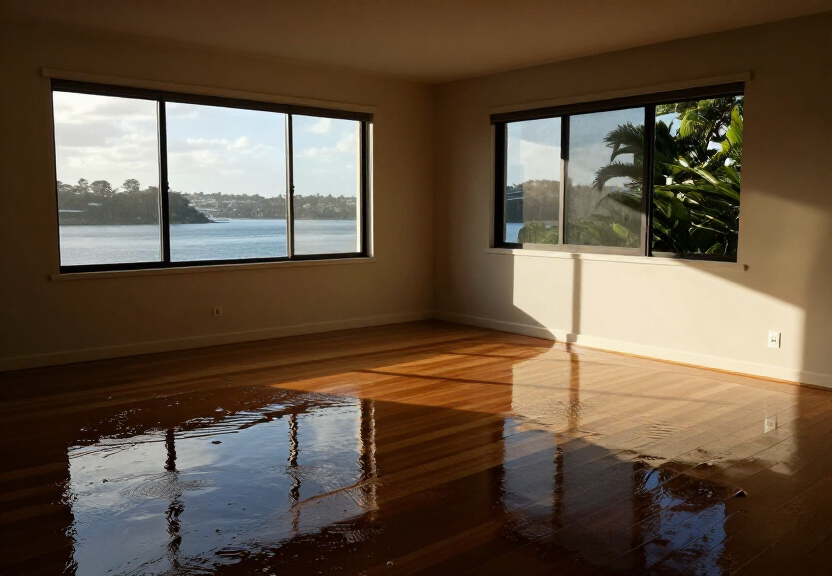 Flooded living room in Hurstville Grove before restoration